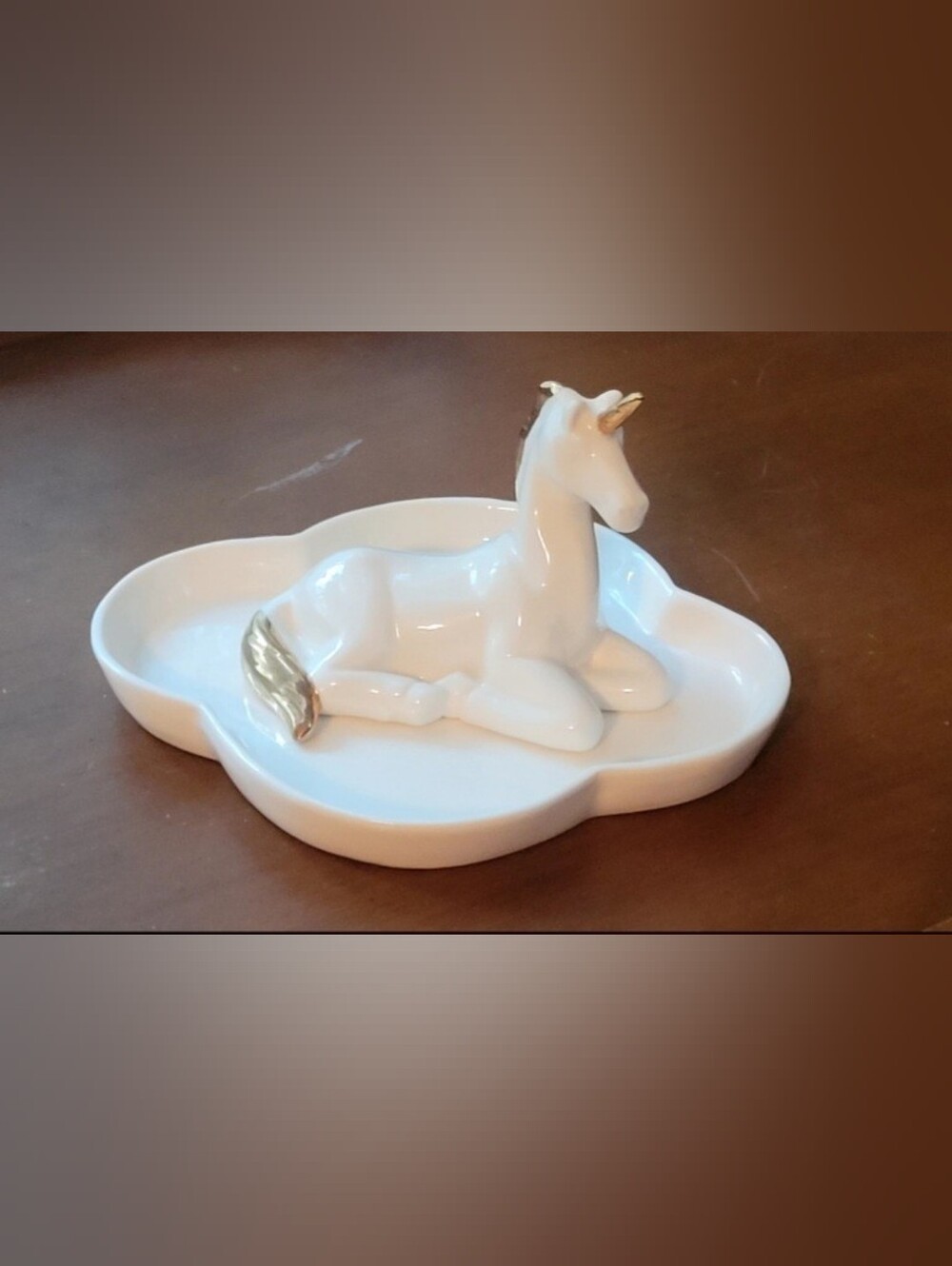 White Ceramic Unicorn Jewelry Dish with Gold Accents